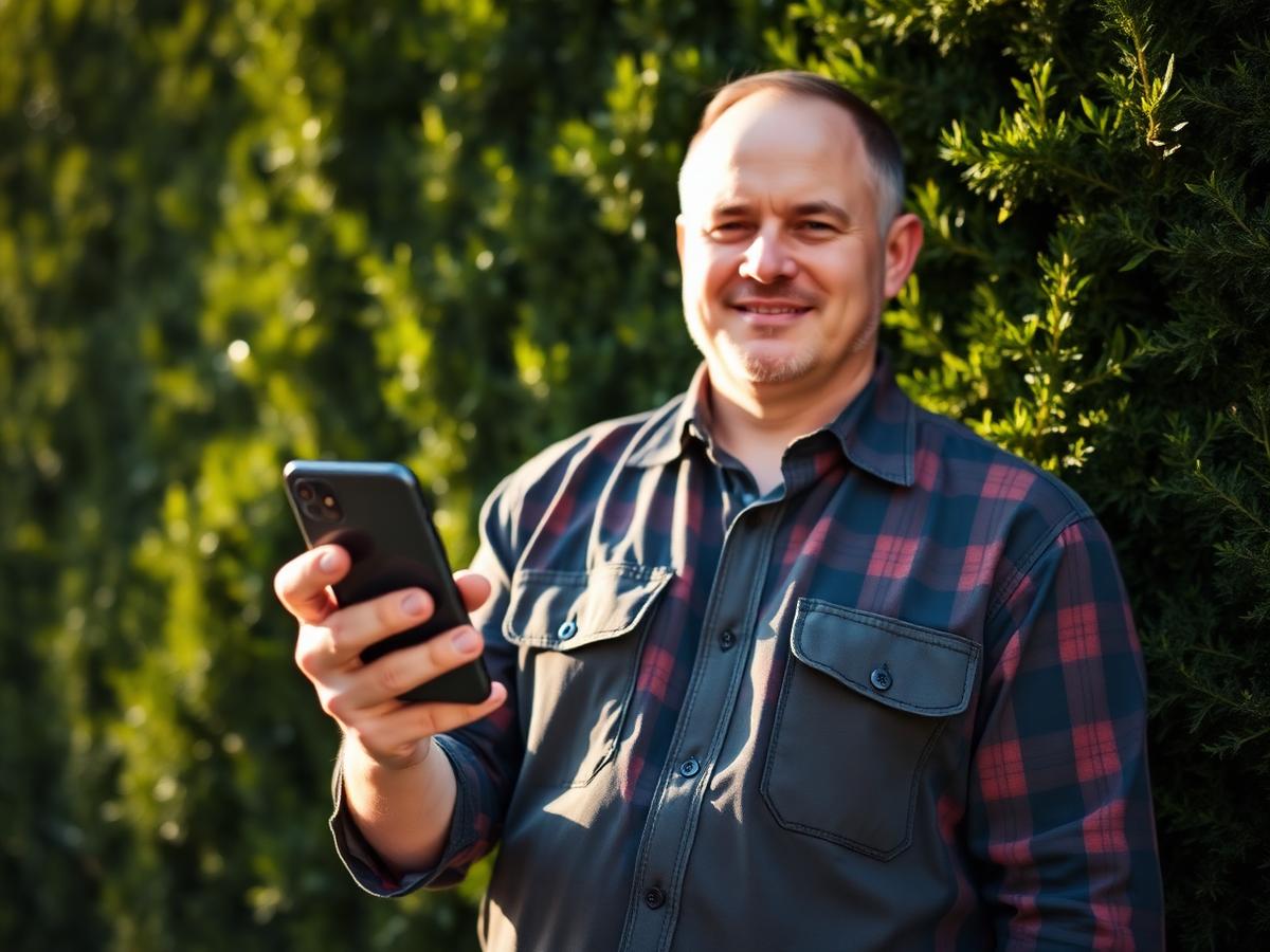 Lawn care business owner checking his schedule on a phone