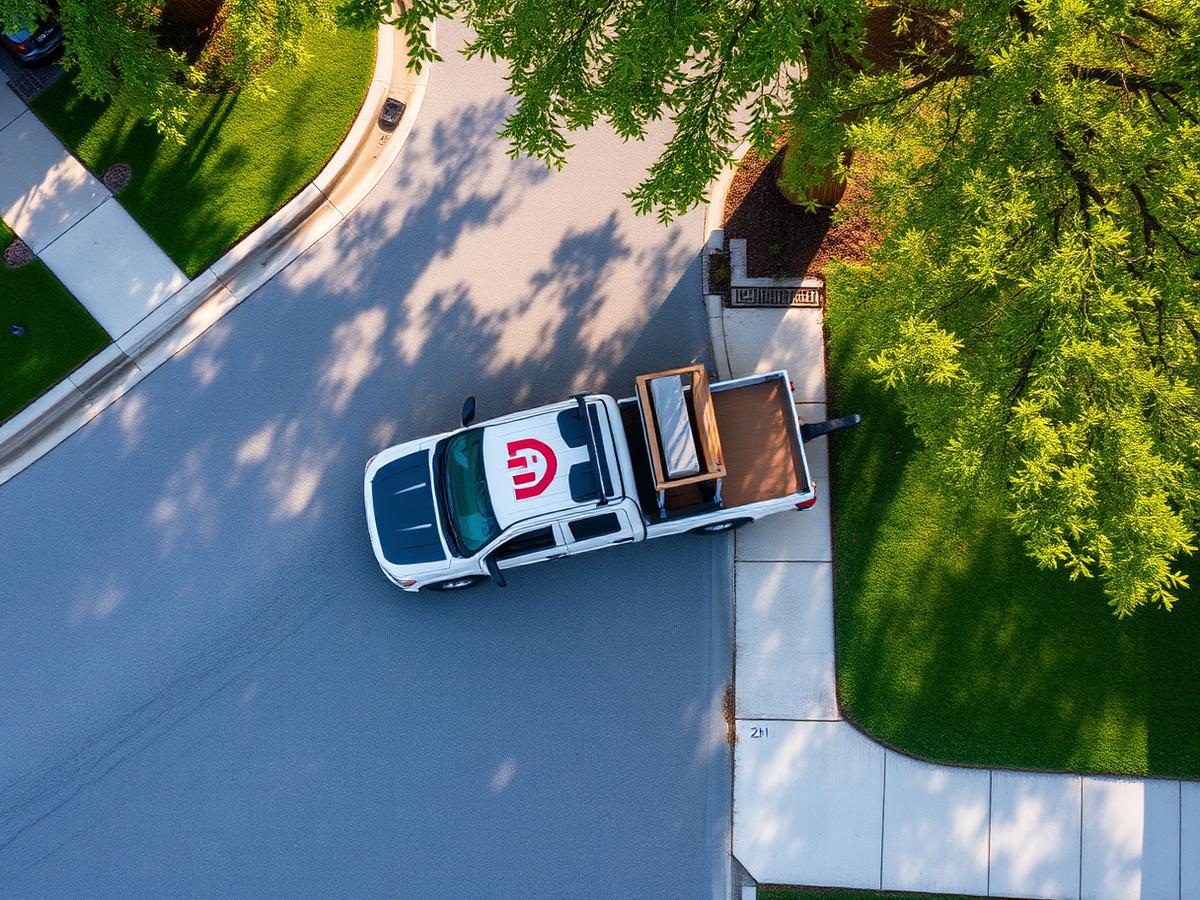 Aerial view of a lawn care truck and trailer parked on a suburban street